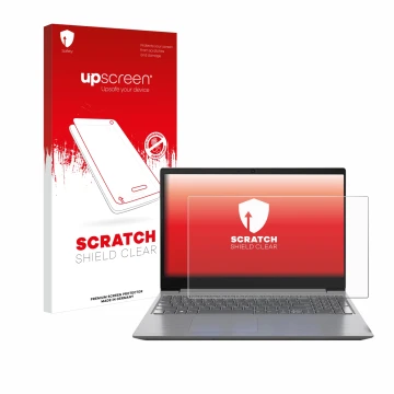 Parte frontal de un envase de producto con el logotipo de la marca upscreen. Al lado se muestra el dispositivo Lenovo 15.6
