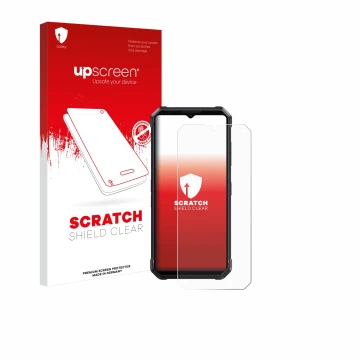 Parte frontal de un envase de producto con el logotipo de la marca upscreen. Al lado se muestra el dispositivo Fossibot F106 P