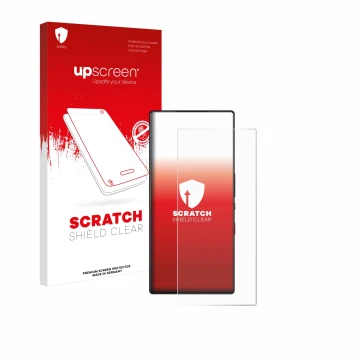 Parte frontal de un envase de producto con el logotipo de la marca upscreen. Al lado se muestra el dispositivo ZTE Nubia Red M
