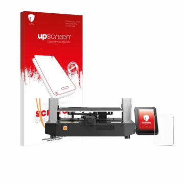 Parte frontal de un envase de producto con el logotipo de la marca upscreen. Al lado se muestra el dispositivo Anycubic Kobra 