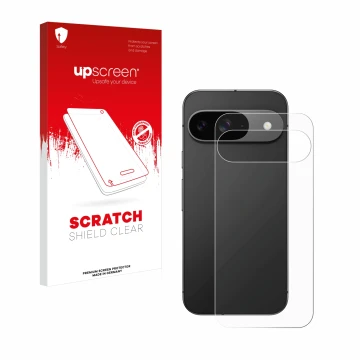 Parte frontal de un envase de producto con el logotipo de la marca upscreen. Al lado se muestra el dispositivo Google Pixel 9 