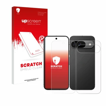 Parte frontal de un envase de producto con el logotipo de la marca upscreen. Al lado se muestra el dispositivo Google Pixel 9 