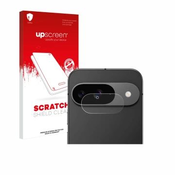 Parte frontal de un envase de producto con el logotipo de la marca upscreen. Al lado se muestra el dispositivo Google Pixel 9 