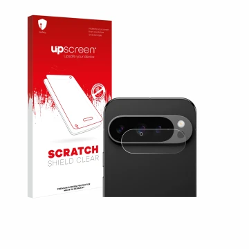 Parte frontal de un envase de producto con el logotipo de la marca upscreen. Al lado se muestra el dispositivo Google Pixel 9 