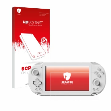 Parte frontal de un envase de producto con el logotipo de la marca upscreen. Al lado se muestra el dispositivo AYN Odin 2 Mini