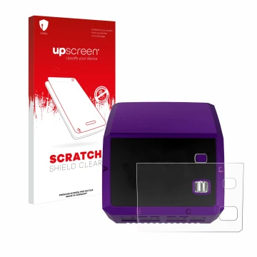 Parte frontal de un envase de producto con el logotipo de la marca upscreen. Al lado se muestra el dispositivo SkyRc Q200 neo 