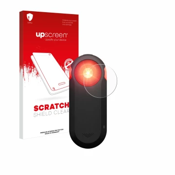 Parte frontal de un envase de producto con el logotipo de la marca upscreen. Al lado se muestra el dispositivo Garmin Varia RT