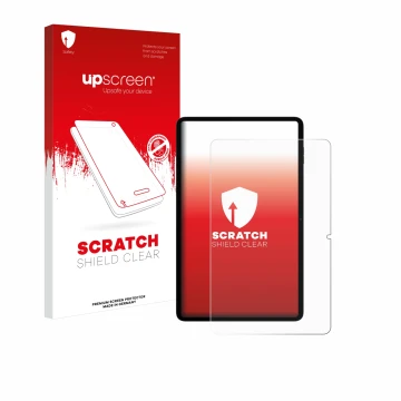 Parte frontal de un envase de producto con el logotipo de la marca upscreen. Al lado se muestra el dispositivo Blackview Tab 1