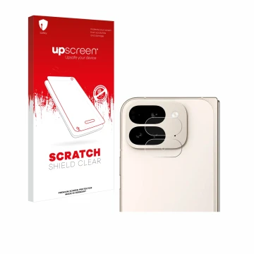 Parte frontal de un envase de producto con el logotipo de la marca upscreen. Al lado se muestra el dispositivo Google Pixel 9 