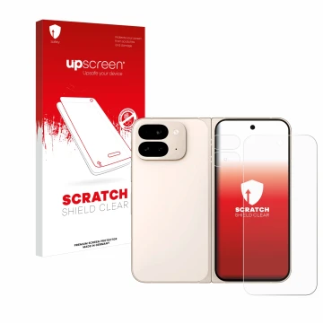 Parte frontal de un envase de producto con el logotipo de la marca upscreen. Al lado se muestra el dispositivo Google Pixel 9 