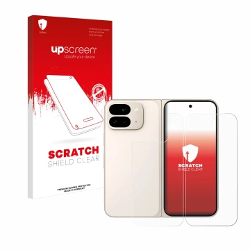 Parte frontal de un envase de producto con el logotipo de la marca upscreen. Al lado se muestra el dispositivo Google Pixel 9 