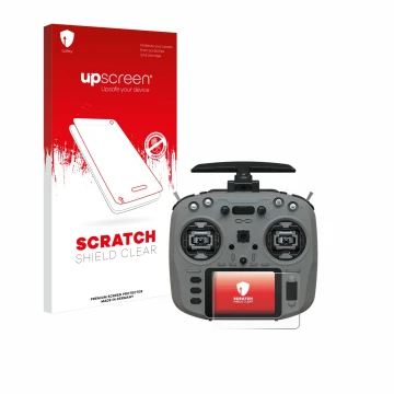 Parte frontal de un envase de producto con el logotipo de la marca upscreen. Al lado se muestra el dispositivo Jumper T15 con 