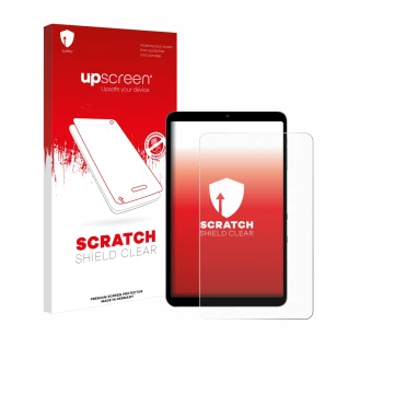 Parte frontal de un envase de producto con el logotipo de la marca upscreen. Al lado se muestra el dispositivo Alldocube iPlay
