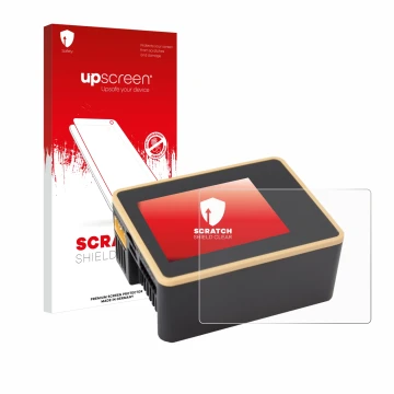 Parte frontal de un envase de producto con el logotipo de la marca upscreen. Al lado se muestra el dispositivo Junsi iCharger 