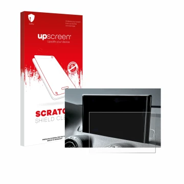Parte frontal de un envase de producto con el logotipo de la marca upscreen. Al lado se muestra el dispositivo Audi Q2 Facelif