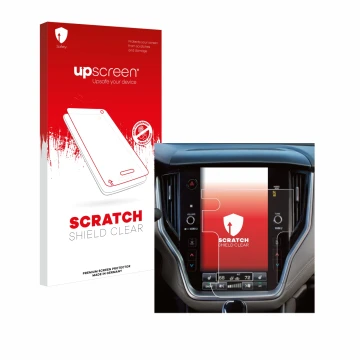 Parte frontal de un envase de producto con el logotipo de la marca upscreen. Al lado se muestra el dispositivo Subaru Outback 