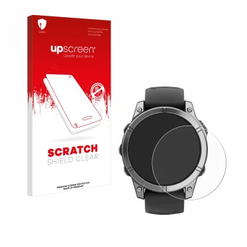 Parte frontal de un envase de producto con el logotipo de la marca upscreen. Al lado se muestra el dispositivo Garmin Fenix E 