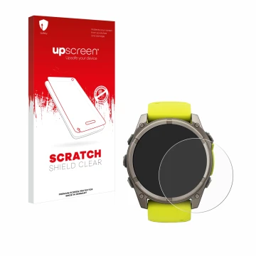 Parte frontal de un envase de producto con el logotipo de la marca upscreen. Al lado se muestra el dispositivo Garmin Fenix 8 