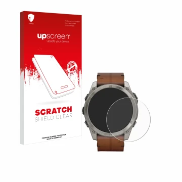 Parte frontal de un envase de producto con el logotipo de la marca upscreen. Al lado se muestra el dispositivo Garmin Fenix 8 