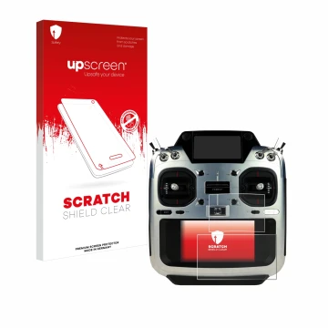 Parte frontal de un envase de producto con el logotipo de la marca upscreen. Al lado se muestra el dispositivo Futaba T26SZ co