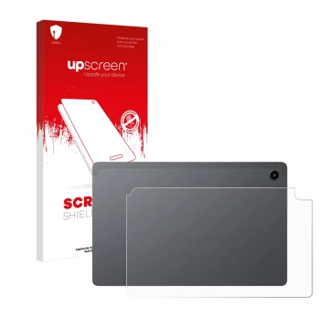 Parte frontal de un envase de producto con el logotipo de la marca upscreen. Al lado se muestra el dispositivo Alldocube iPlay