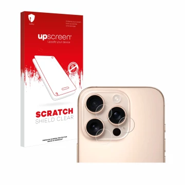 Parte frontal de un envase de producto con el logotipo de la marca upscreen. Al lado se muestra el dispositivo Apple iPhone 16