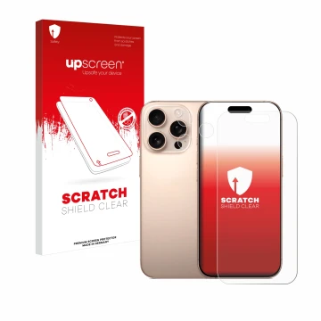 Parte frontal de un envase de producto con el logotipo de la marca upscreen. Al lado se muestra el dispositivo Apple iPhone 16