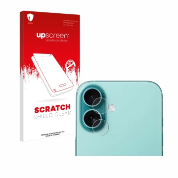 Parte frontal de un envase de producto con el logotipo de la marca upscreen. Al lado se muestra el dispositivo Apple iPhone 16