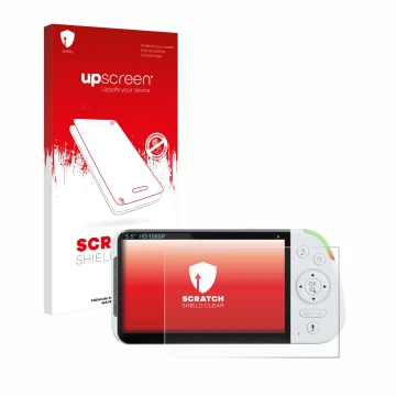 Parte frontal de un envase de producto con el logotipo de la marca upscreen. Al lado se muestra el dispositivo Babysense MaxVi