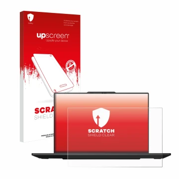 Parte frontal de un envase de producto con el logotipo de la marca upscreen. Al lado se muestra el dispositivo Lenovo ThinkPad