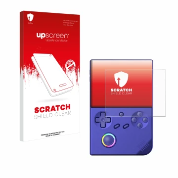 Parte frontal de un envase de producto con el logotipo de la marca upscreen. Al lado se muestra el dispositivo Anbernic RG40XX