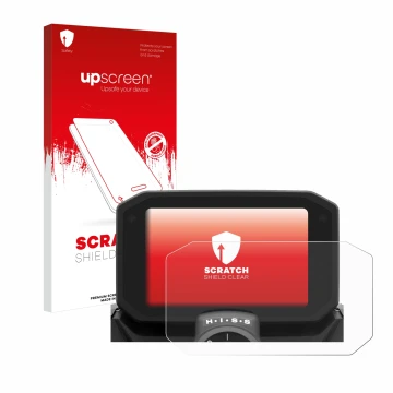Parte frontal de un envase de producto con el logotipo de la marca upscreen. Al lado se muestra el dispositivo Honda Hornet CB
