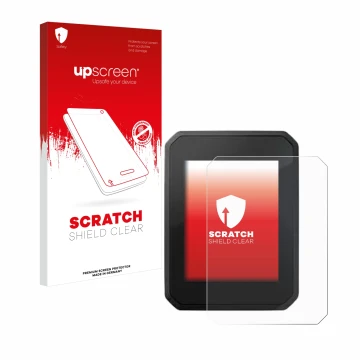 Parte frontal de un envase de producto con el logotipo de la marca upscreen. Al lado se muestra el dispositivo FIT Display Com