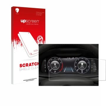 Parte frontal de un envase de producto con el logotipo de la marca upscreen. Al lado se muestra el dispositivo Skoda Virtual C
