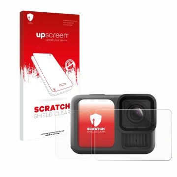 Parte frontal de un envase de producto con el logotipo de la marca upscreen. Al lado se muestra el dispositivo GoPro Hero 13 B