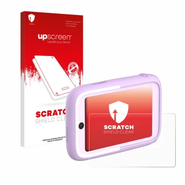 Parte frontal de un envase de producto con el logotipo de la marca upscreen. Al lado se muestra el dispositivo Myfirst Camera 