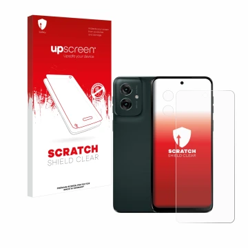 Parte frontal de un envase de producto con el logotipo de la marca upscreen. Al lado se muestra el dispositivo Motorola Moto G