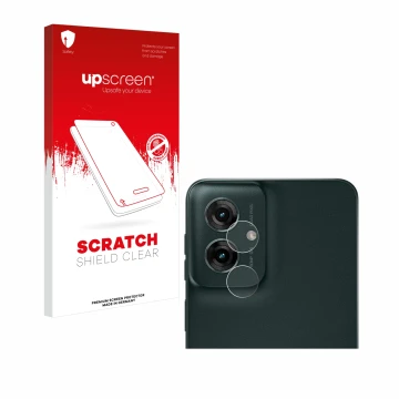 Parte frontal de un envase de producto con el logotipo de la marca upscreen. Al lado se muestra el dispositivo Motorola Moto G