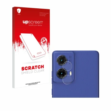 Parte frontal de un envase de producto con el logotipo de la marca upscreen. Al lado se muestra el dispositivo Motorola Moto G