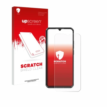 Parte frontal de un envase de producto con el logotipo de la marca upscreen. Al lado se muestra el dispositivo Oukitel WP50 co