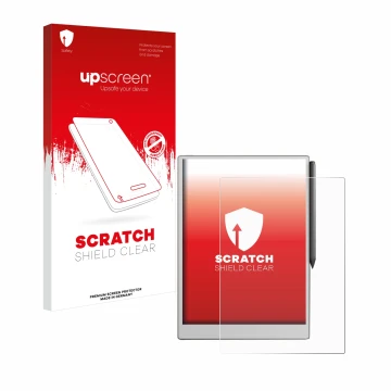 Parte frontal de un envase de producto con el logotipo de la marca upscreen. Al lado se muestra el dispositivo reMarkable Pape