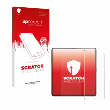 Parte frontal de un envase de producto con el logotipo de la marca upscreen. Al lado se muestra el dispositivo Honor Magic V3 