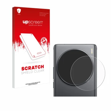 Parte frontal de un envase de producto con el logotipo de la marca upscreen. Al lado se muestra el dispositivo Vivo X100 Ultra