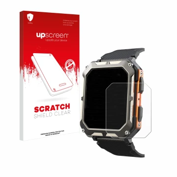 Parte frontal de un envase de producto con el logotipo de la marca upscreen. Al lado se muestra el dispositivo Findtime Smartw