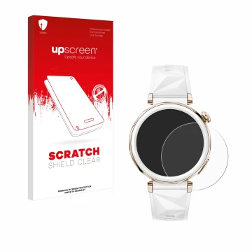 Parte frontal de un envase de producto con el logotipo de la marca upscreen. Al lado se muestra el dispositivo Huawei Watch GT