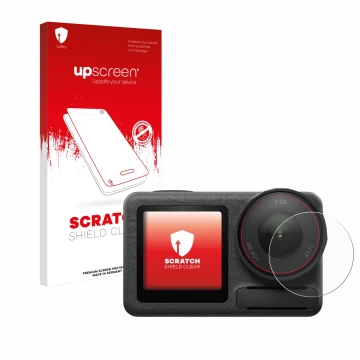 Parte frontal de un envase de producto con el logotipo de la marca upscreen. Al lado se muestra el dispositivo DJI Osmo Action