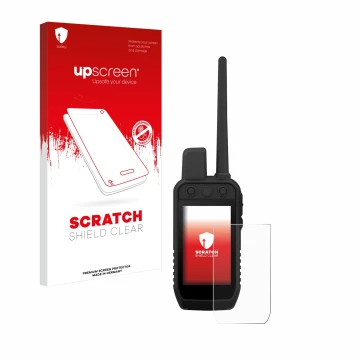 Parte frontal de un envase de producto con el logotipo de la marca upscreen. Al lado se muestra el dispositivo Garmin Alpha 30