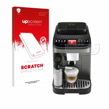 Parte frontal de un envase de producto con el logotipo de la marca upscreen. Al lado se muestra el dispositivo DeLonghi Magnif
