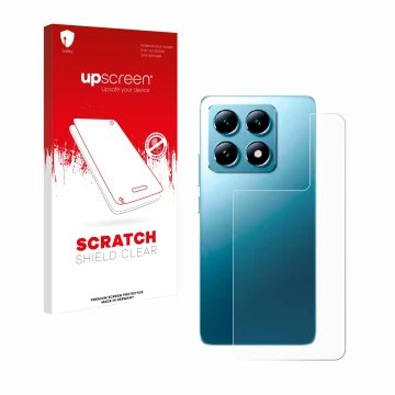 Parte frontal de un envase de producto con el logotipo de la marca upscreen. Al lado se muestra el dispositivo Xiaomi 14T (Tra