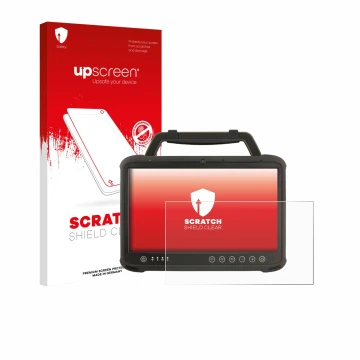 Parte frontal de un envase de producto con el logotipo de la marca upscreen. Al lado se muestra el dispositivo Winmate M133WK 